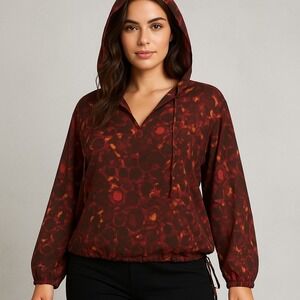 Beverly Drive Top Womens Plus Size 24/26W Hooded Sheer‎ Blouse Flowy Boho Rustic